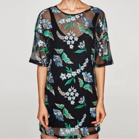 Zara Floral/Black Semi-Sheer Mini Dress - Picture 2 of 10